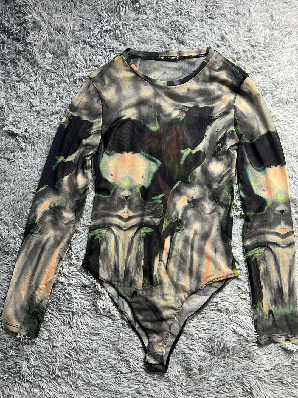 Zara Marble-Effect Long Sleeve Bodysuit in Black, Green, and Orange